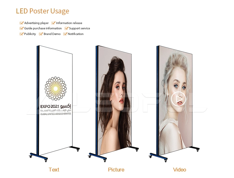 in Stock! Portable Free Standing Moveable P2.5 P2 P1.8 HD Commercial Advertising Full Color Indoor LED Digital Poster Screen Panel Display with Aluminum Frame