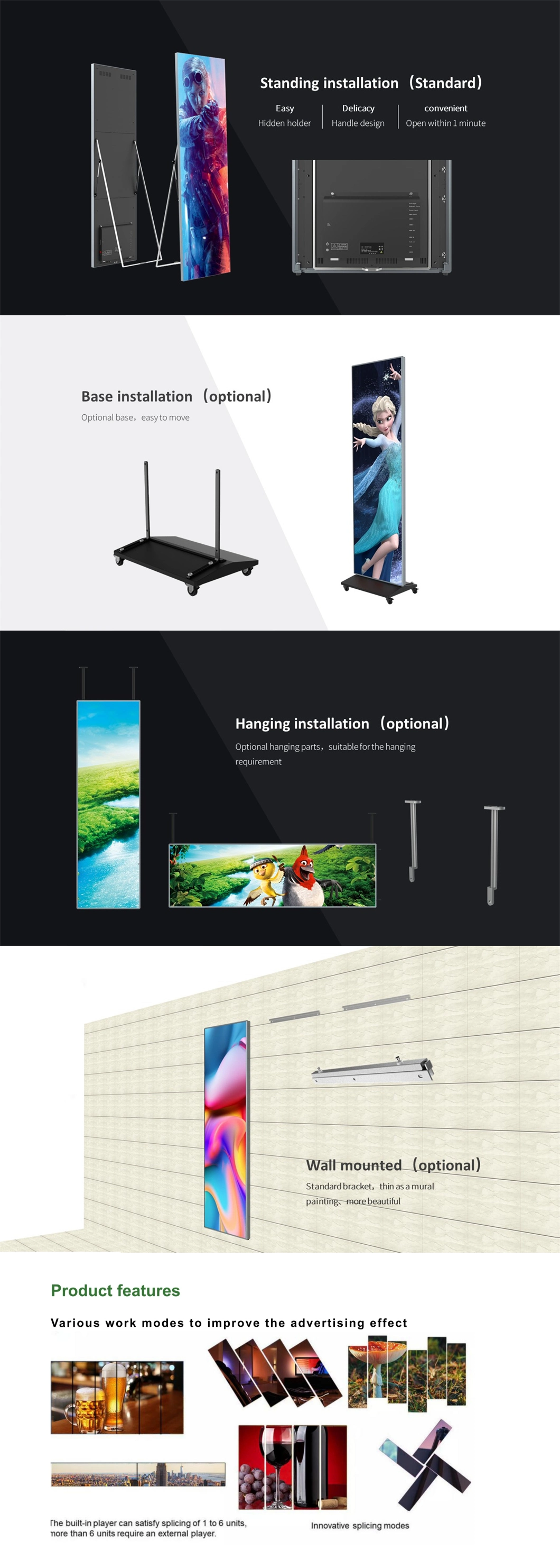 P1.86 P2 P2.5 P3 Portable Advertising LED Digital Poster Ultra Slim Indoor Display with Wheels Stand
